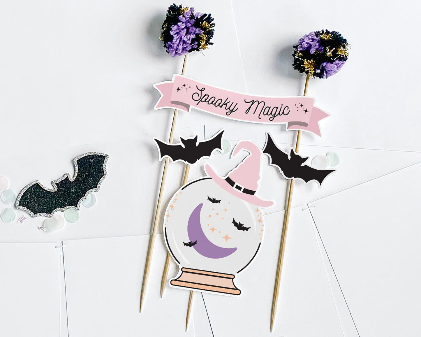 Spooky Magic Cake Topper || Printable Pink Halloween Cake Topper || Bats & Crystal Ball Cake Topper || Kids Halloween Party Decor || H02