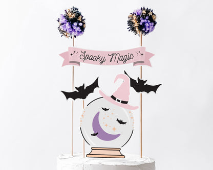Spooky Magic Cake Topper || Printable Pink Halloween Cake Topper || Bats & Crystal Ball Cake Topper || Kids Halloween Party Decor || H02