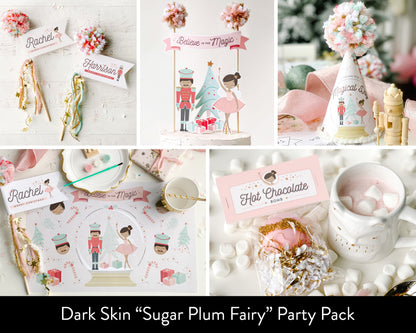 Dark Skin Sugar Plum Fairy Party Pack || Printable Nutcracker Birthday Party Decor || Kids Christmas Party Decorations || BP14
